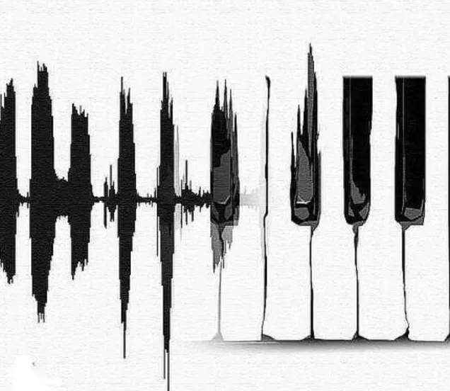 Kunstwerk dat geluidsgolven en pianotoetsen combineert